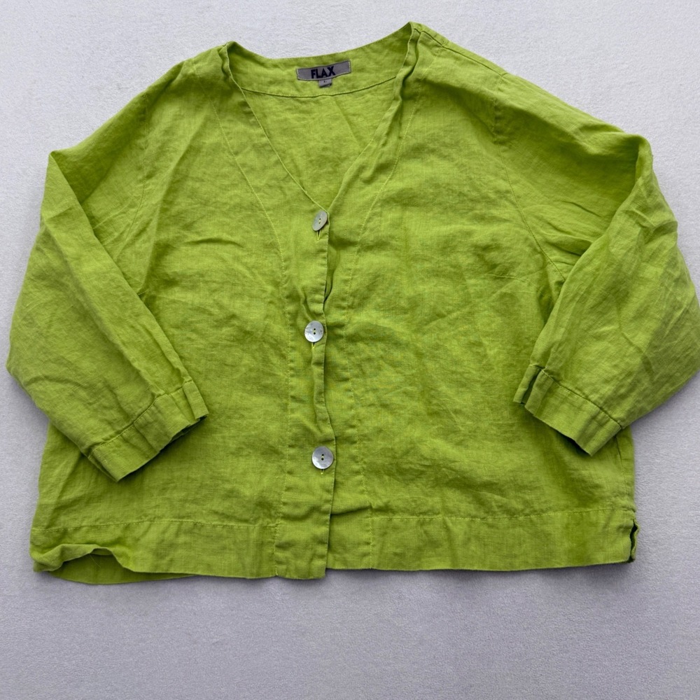 FLAX Womens Size L Large 100% Linen V-Neck Button Front Blouse Lime Green - Picture 2 of 7